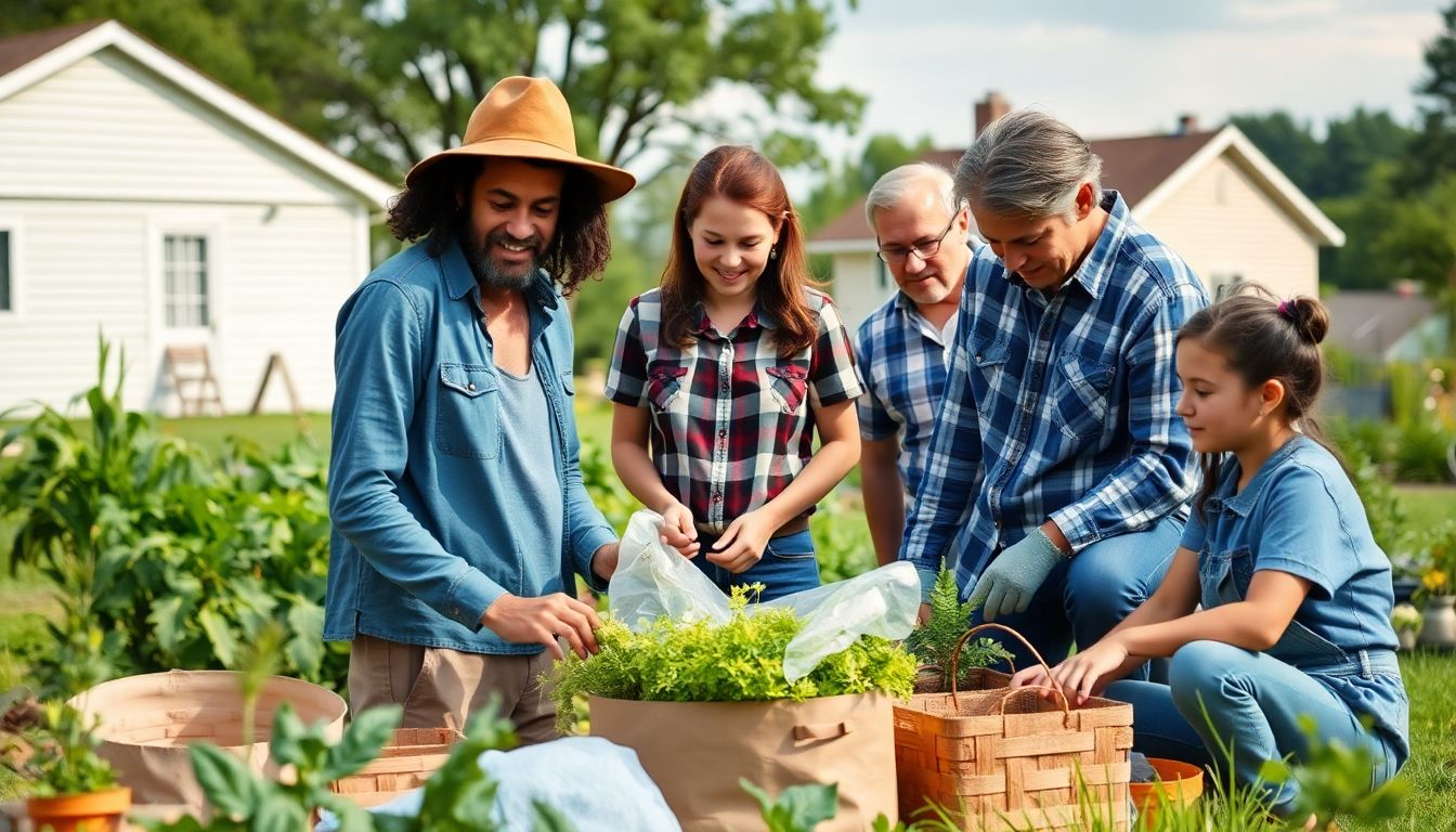 A group of neighbors working together to prepare for a disaster, with a background image of a thriving, self-sufficient community.