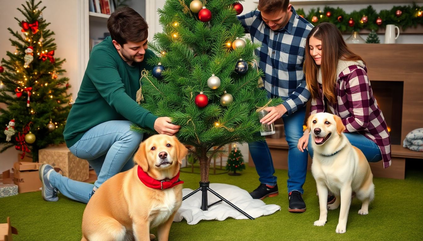 A family placing their freshly cut Christmas tree in a stand and filling it with water, with a happy pet looking on