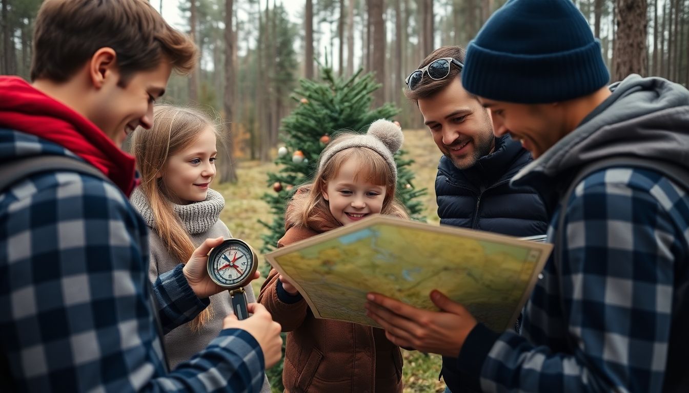 A family using a compass and map to navigate through the forest, with their freshly cut Christmas tree in the background