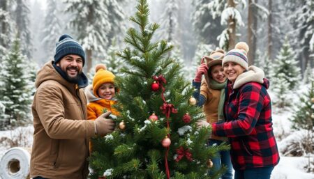 A festive family harvesting a Christmas tree in a snowy Oregon national forest, with everyone bundled up and smiling