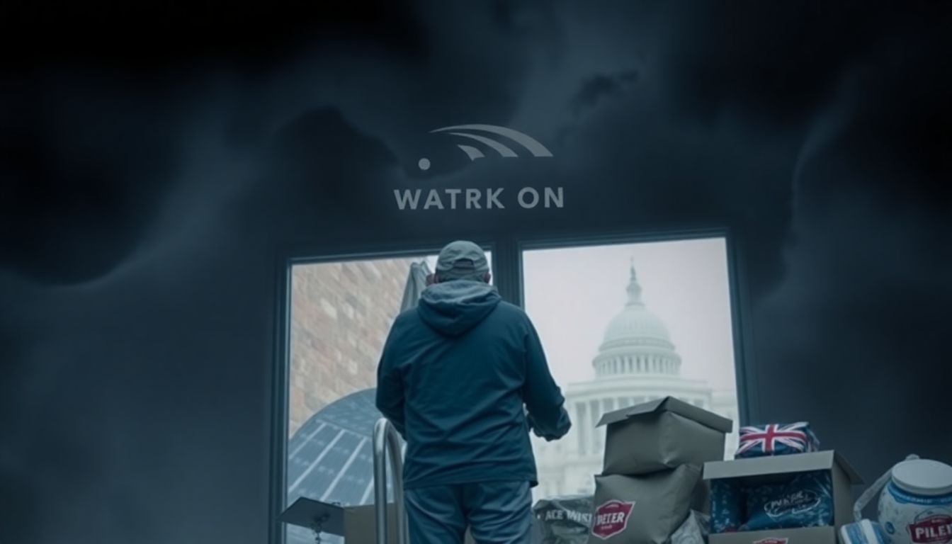 An image of a person preparing for a storm, such as boarding up windows or stocking up on supplies, with a political backdrop or symbol.