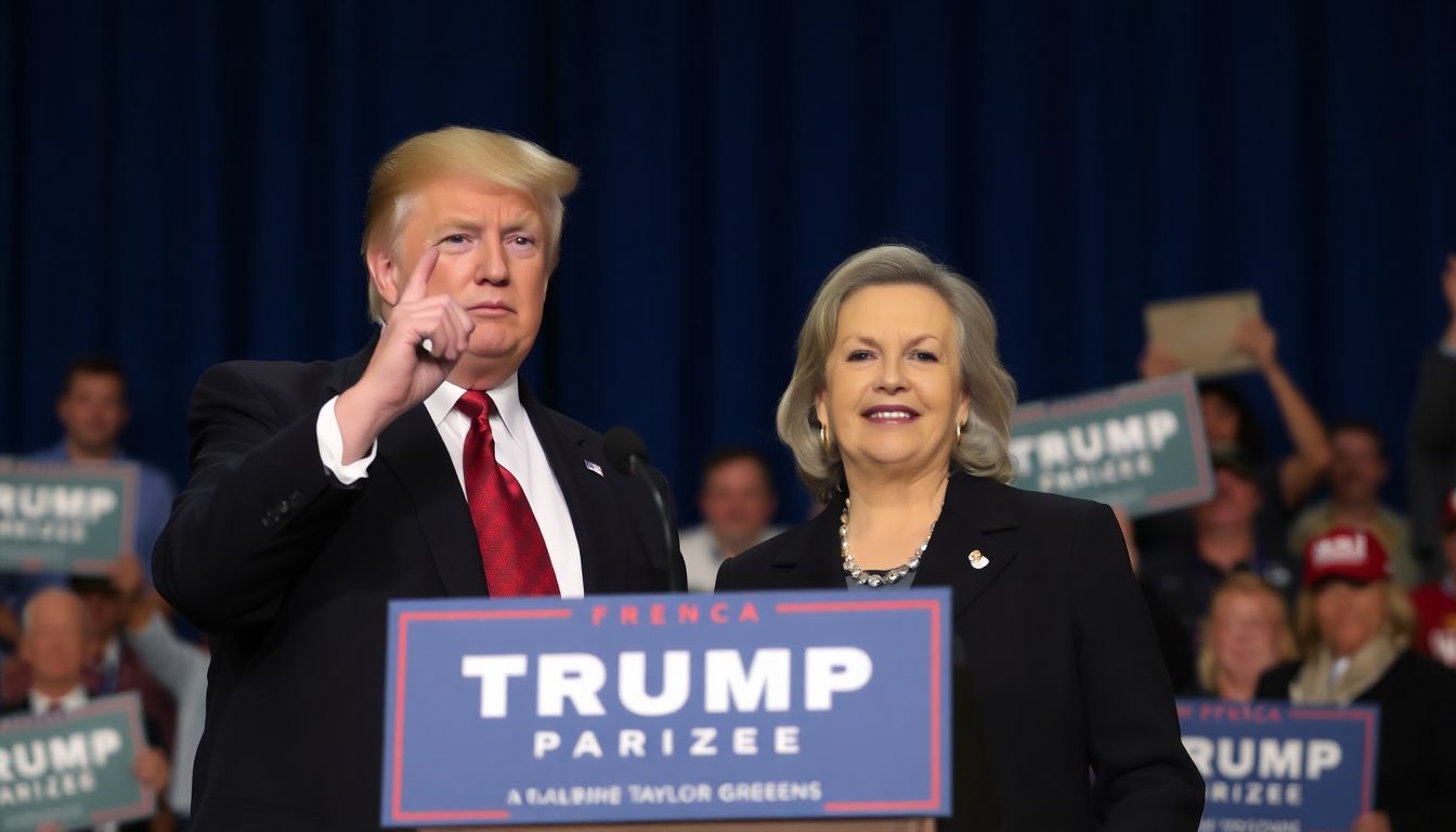 A photo of former President Trump and Rep. Marjorie Taylor Greene together at a rally or event.