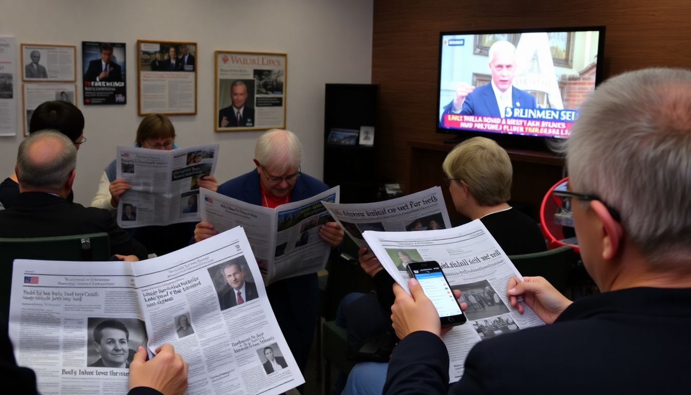 A photo of people reading newspapers, watching news on TV, or following political updates on their phones.