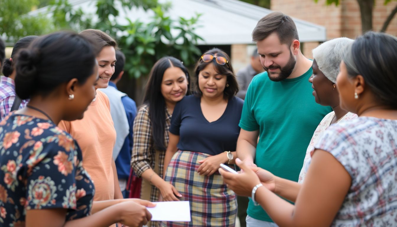 An image of people engaged in a meaningful conversation or working together on a community project.