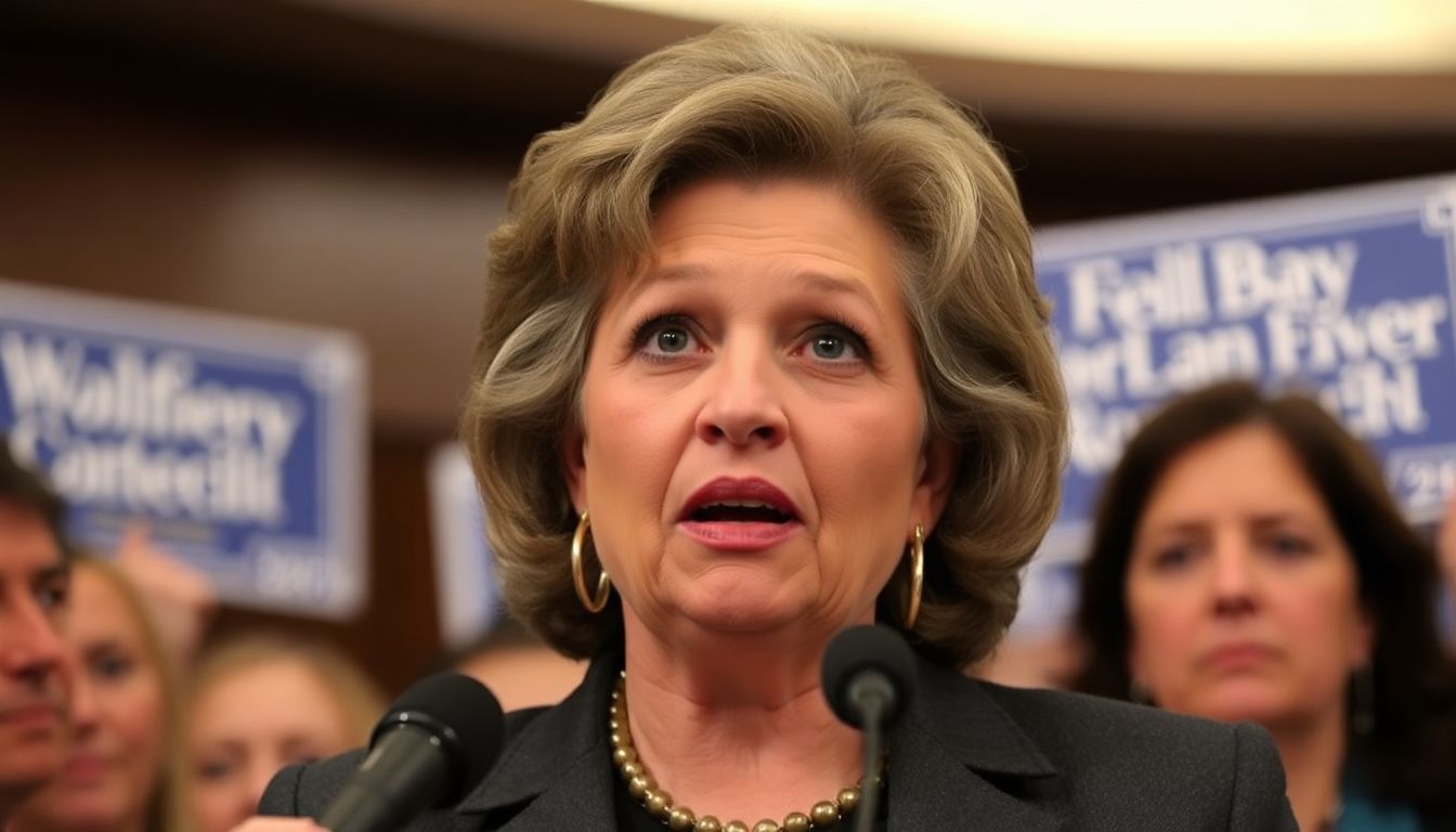 A photo of Rep. Marjorie Taylor Greene speaking at a rally or in Congress, with a determined expression on her face.