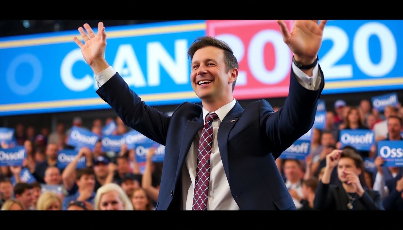 A photo of Sen. Jon Ossoff celebrating his victory in 2020, with a crowd of supporters in the background.