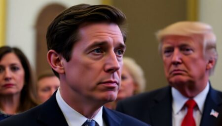 A serious expression of Sen. Jon Ossoff (D-GA) looking concerned, with Rep. Marjorie Taylor Greene (R-GA) in the background, standing next to former President Trump, all in a political setting.