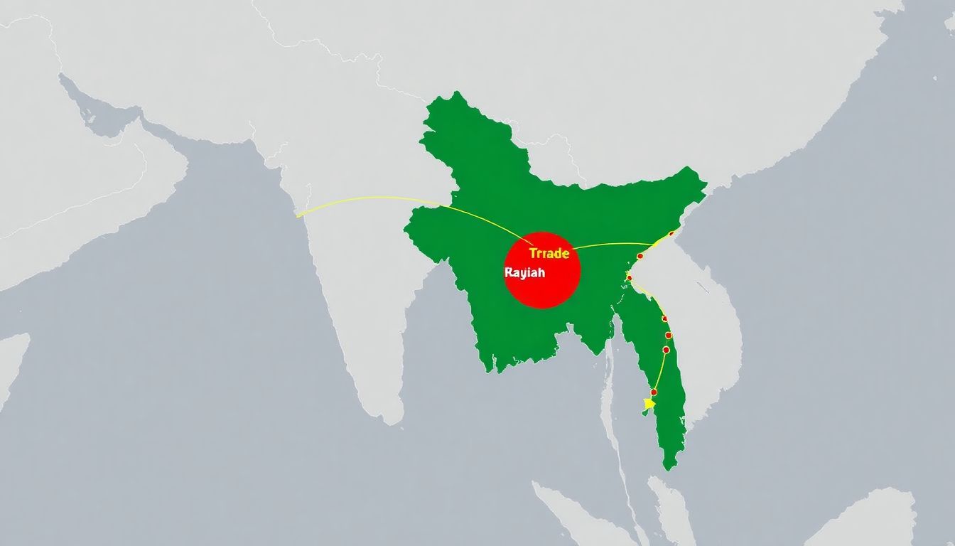 A map of South Asia with trade routes highlighted, showing Bangladesh's expanding trade network.