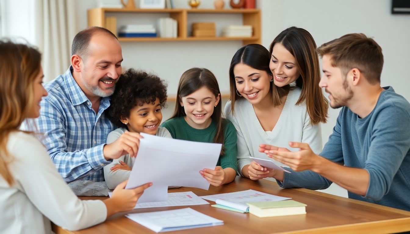 A family sitting together, discussing their budget and financial plans.