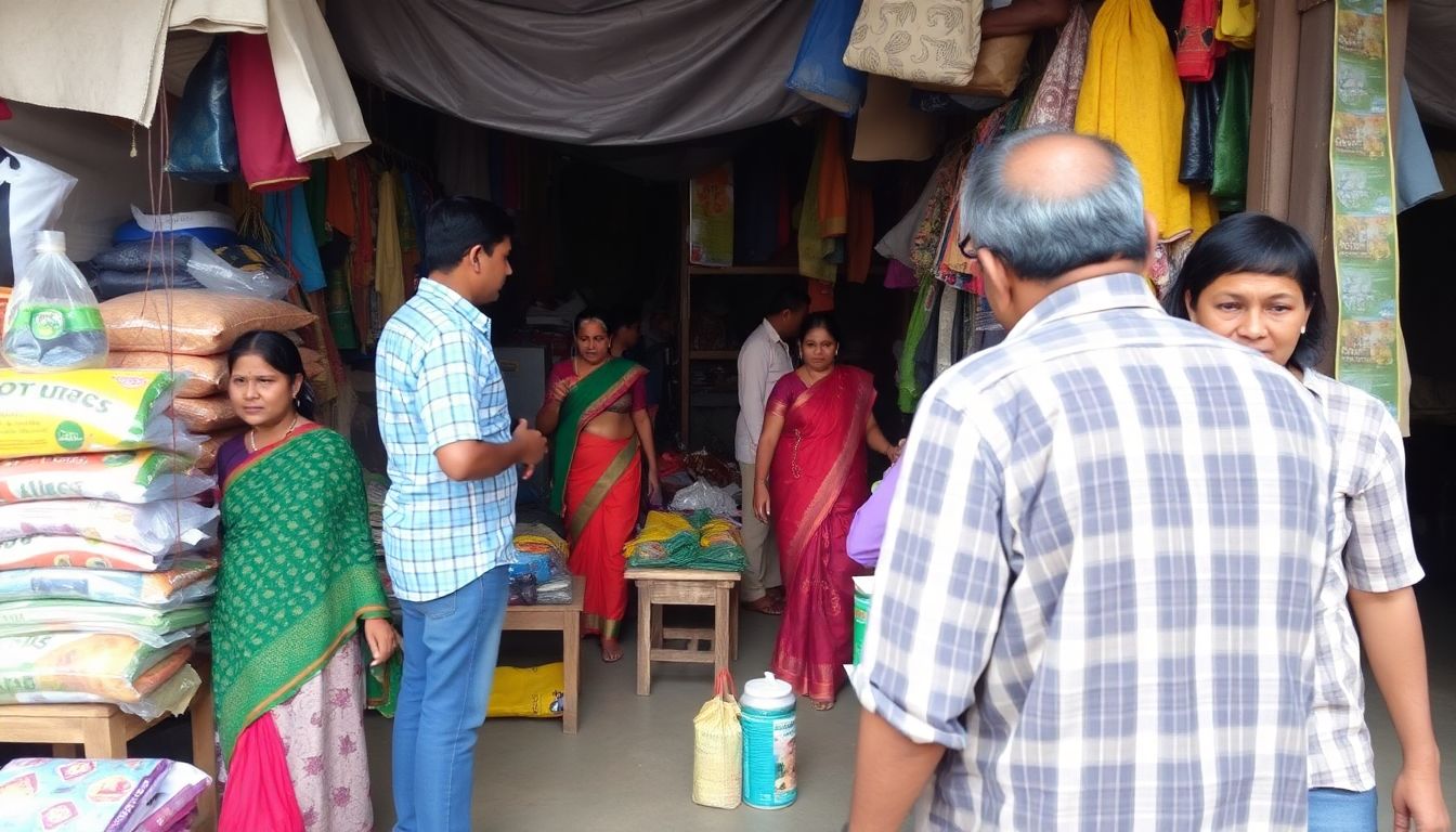 A market scene in Bangladesh, with vendors and shoppers interacting, reflecting the economic changes.