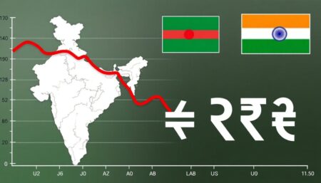 A graph showing the depreciation of the Bangladeshi Taka against the Indian Rupee, with a map of Bangladesh and India in the background.