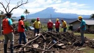 A group of volunteers from All Hands and Hearts working together to clear debris from a burned property in Lahaina, Maui, with the Haleakala volcano in the background.