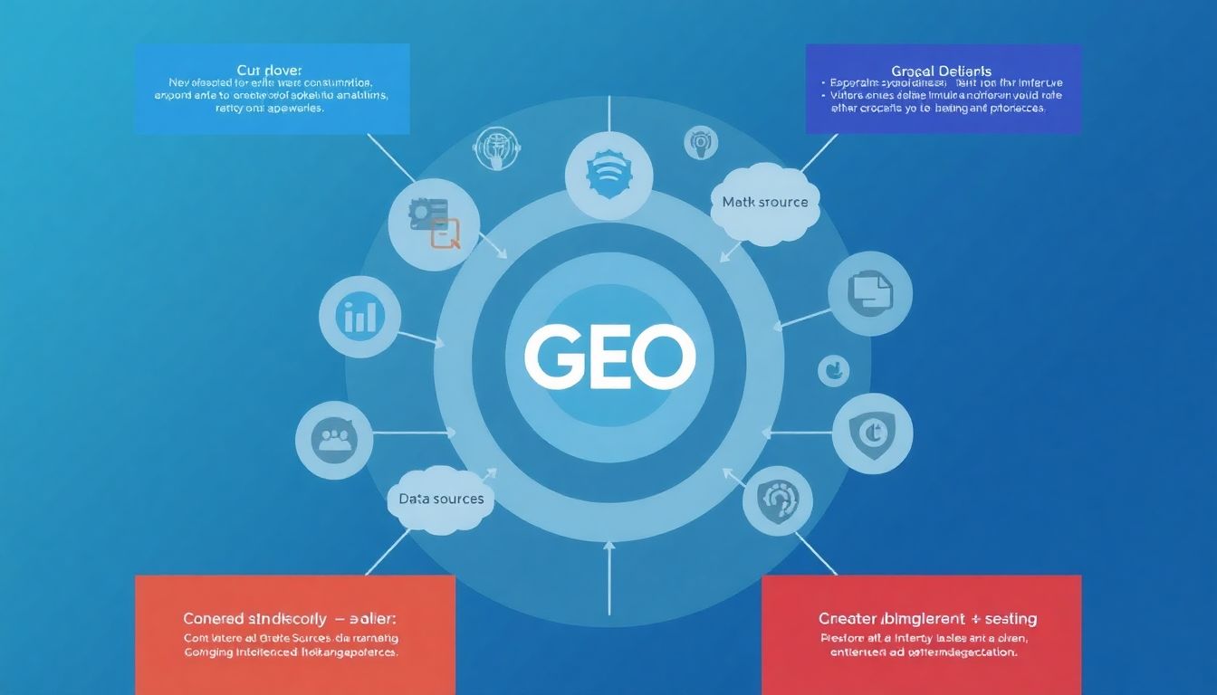 A visual representation of GEO's data integration process, showing various data sources converging to form actionable intelligence