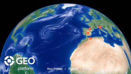 A satellite image of the Earth with various catastrophic events marked, such as hurricanes, wildfires, and floods, with the GEO platform logo prominently displayed