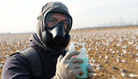 A close-up of a person wearing a gas mask and gloves, holding a bottle of hand sanitizer, standing in a field surrounded by dead birds, with a distant city skyline visible.