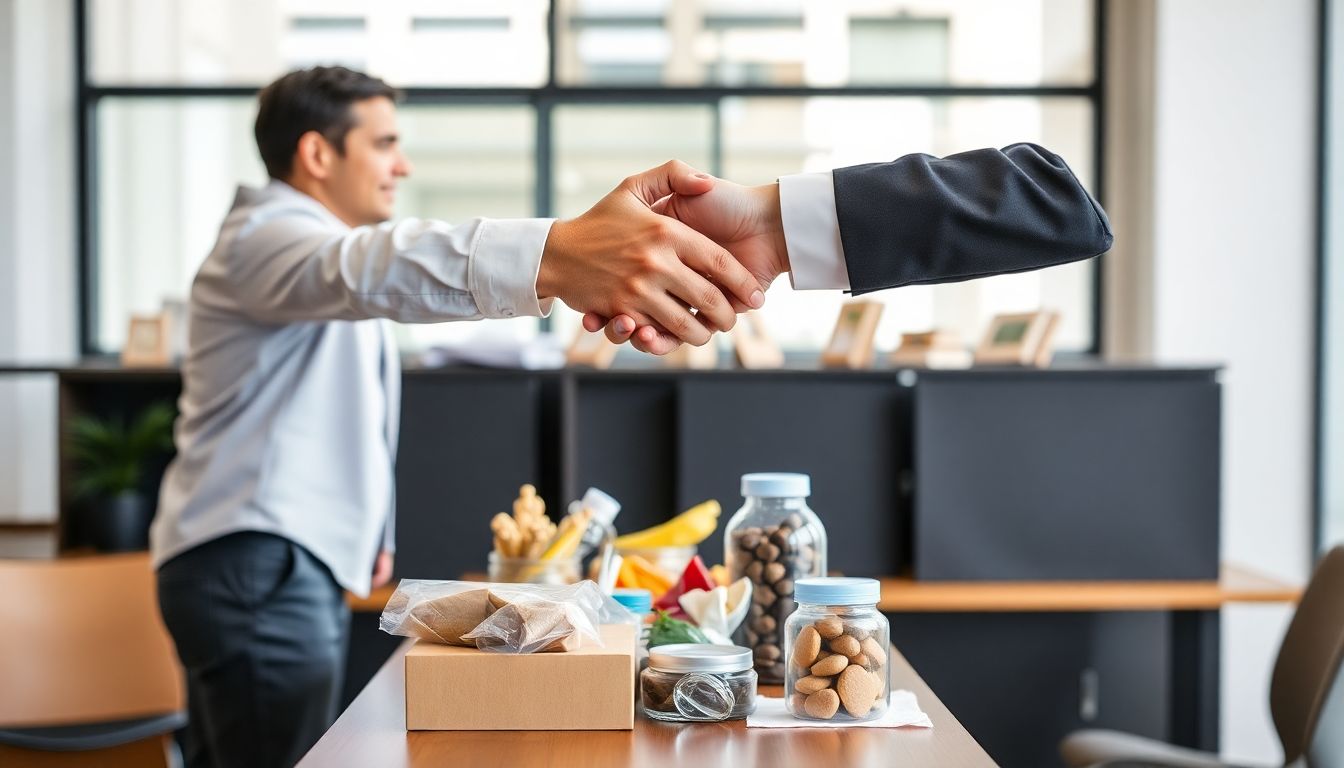 Two people shaking hands, with a table of goods and services between them, representing a successful negotiation