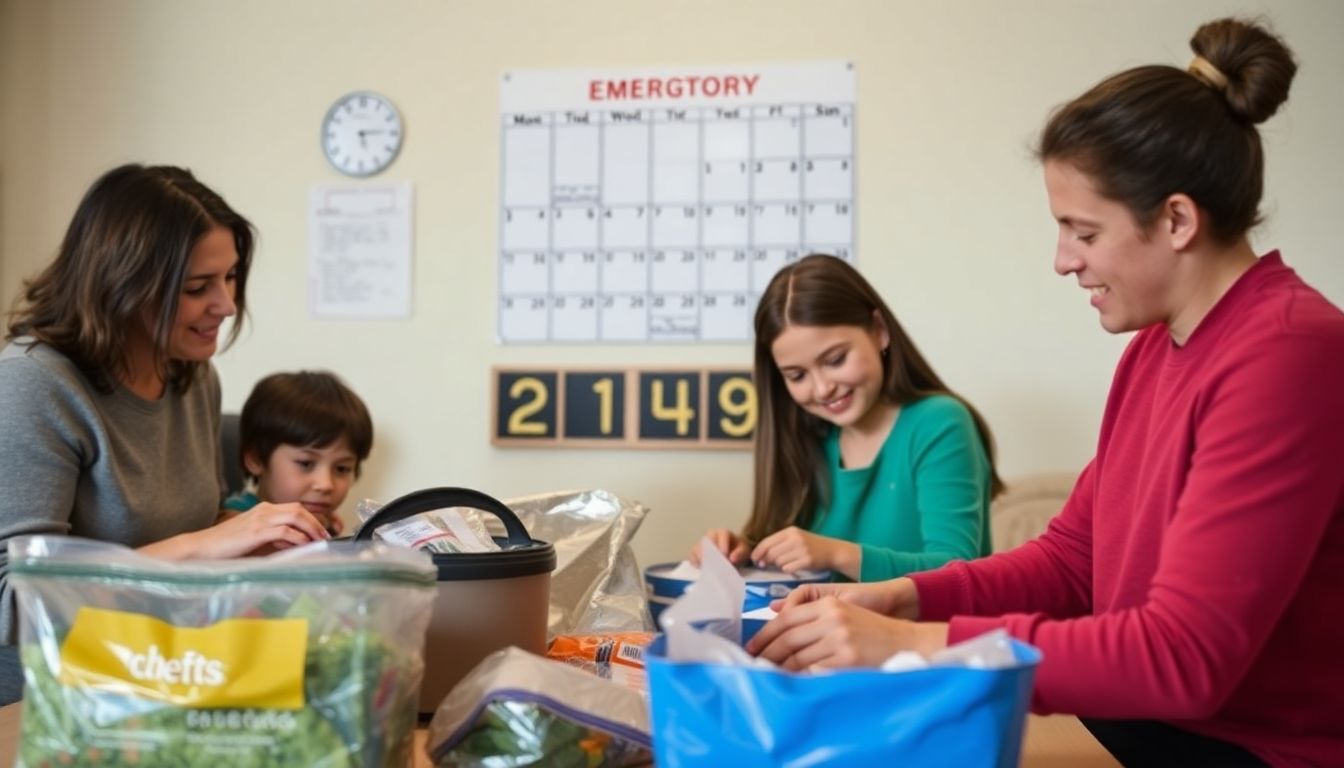 A family preparing emergency kits, with a calendar in the background showing a countdown to a potential crisis