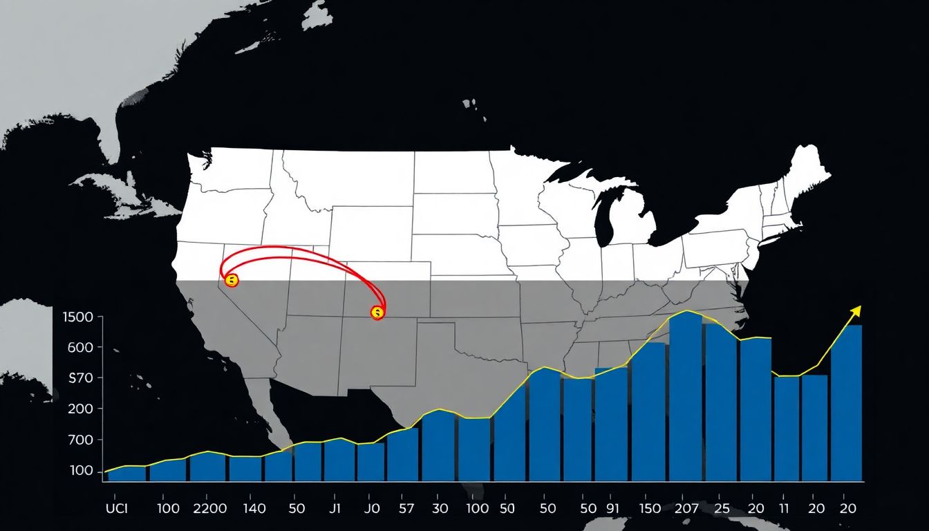 A map of the United States with hurricane tracks and affected areas highlighted, overlaid with a graph showing the cost of disaster relief