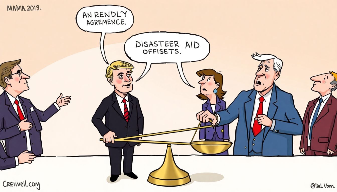 A political cartoon or comic illustrating lawmakers from both parties trying to reach an agreement, with a scale tipping back and forth between disaster aid and offsets