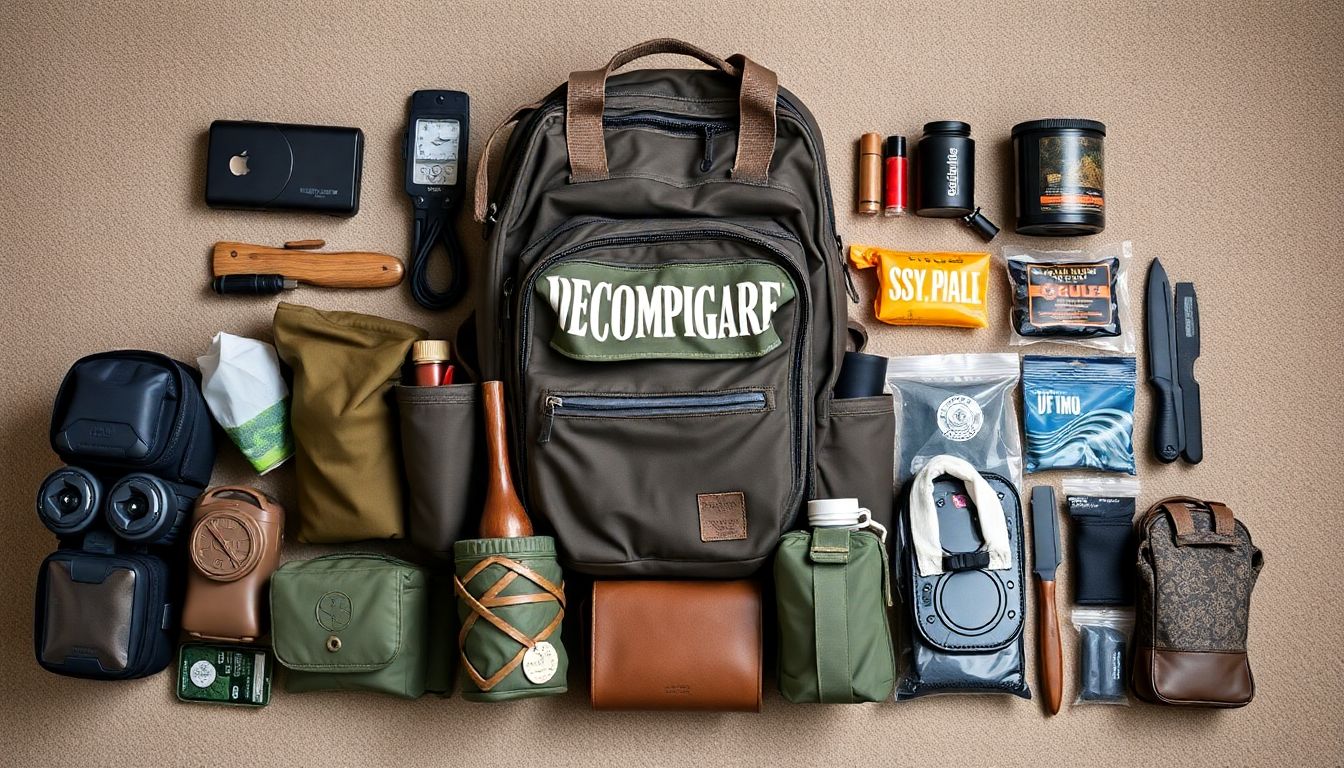 A prepper's bug-out bag, with a variety of items representing different scenarios and potential add-ons