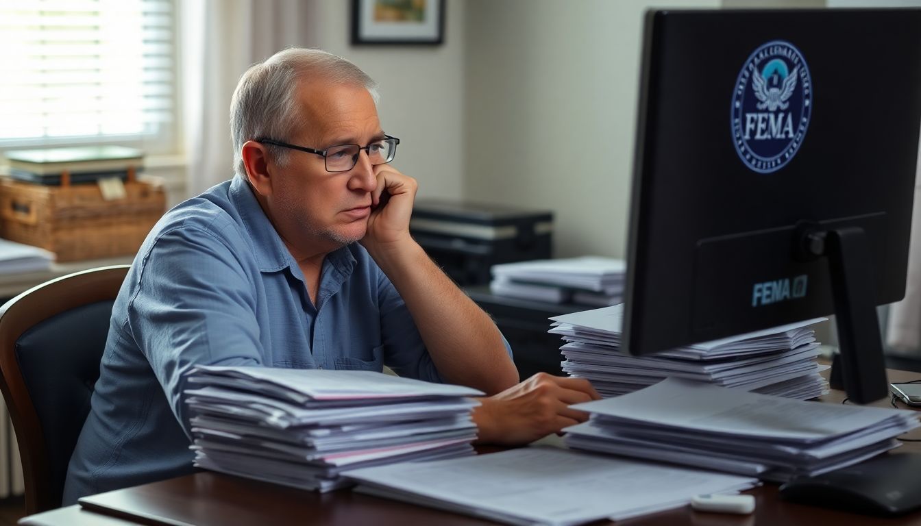 A frustrated resident sitting at a table with stacks of paperwork, looking at a computer screen with a FEMA logo.