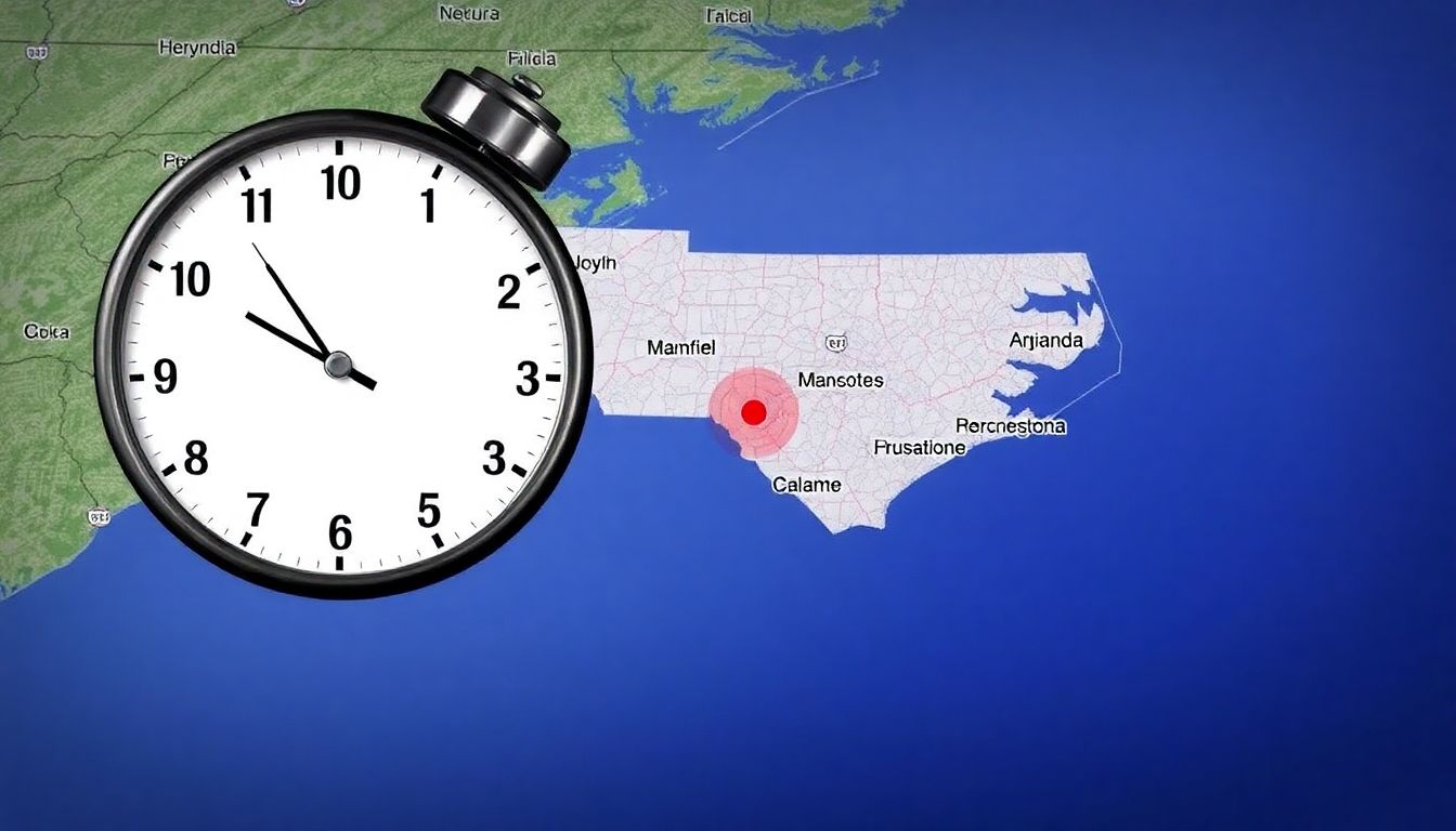 A clock ticking down to zero, with a map of North Carolina behind it, showing the affected areas by Hurricane Helene.