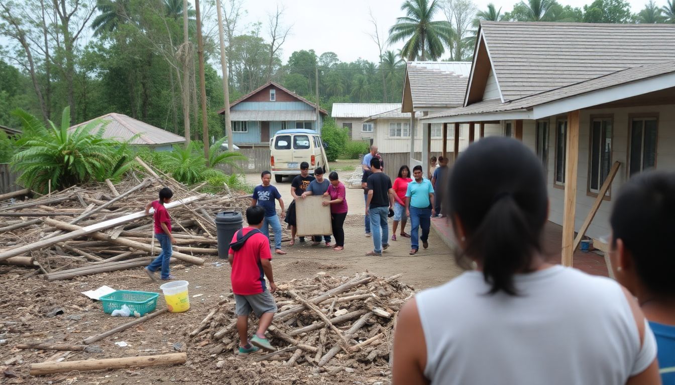 A community coming together to rebuild, with people working together to clear debris and repair homes.