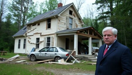 A destroyed house with a car under it in Chimney Rock, N.C., symbolizing the devastation caused by Hurricane Helene, with a member of Congress standing nearby, looking determined.