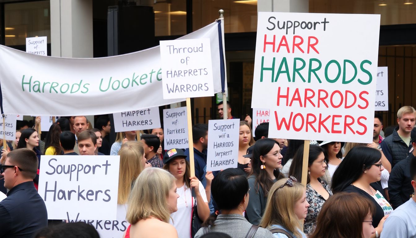 A 'Support Harrods Workers' rally with signs, banners, and a diverse group of attendees.