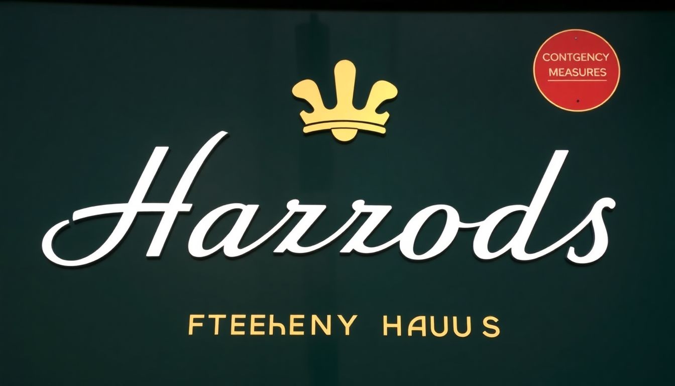 Harrods' logo with a 'Plan in Progress' or 'Contingency Measures' sign.