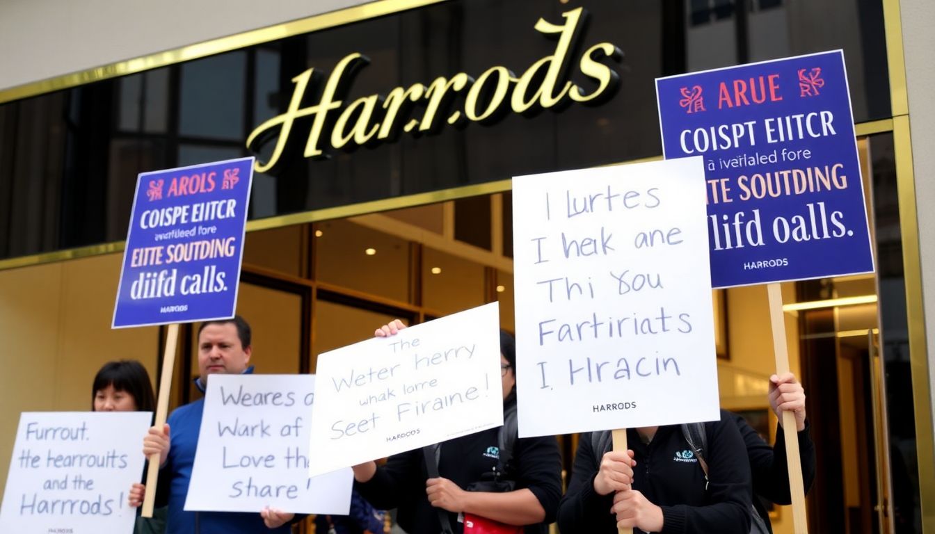 A group of Harrods workers holding protest signs, with the store's logo visible in the background.