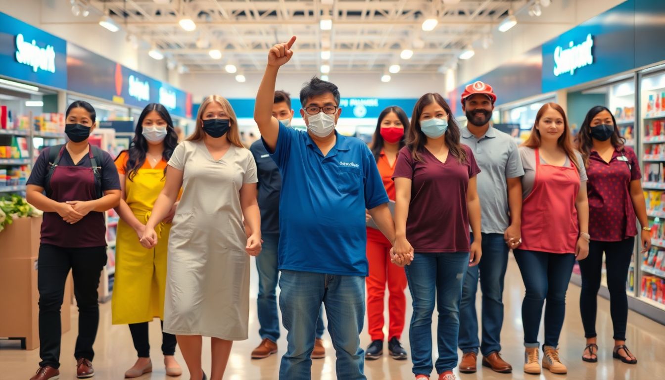 A group of retail workers from various stores holding hands, symbolizing solidarity and unity.