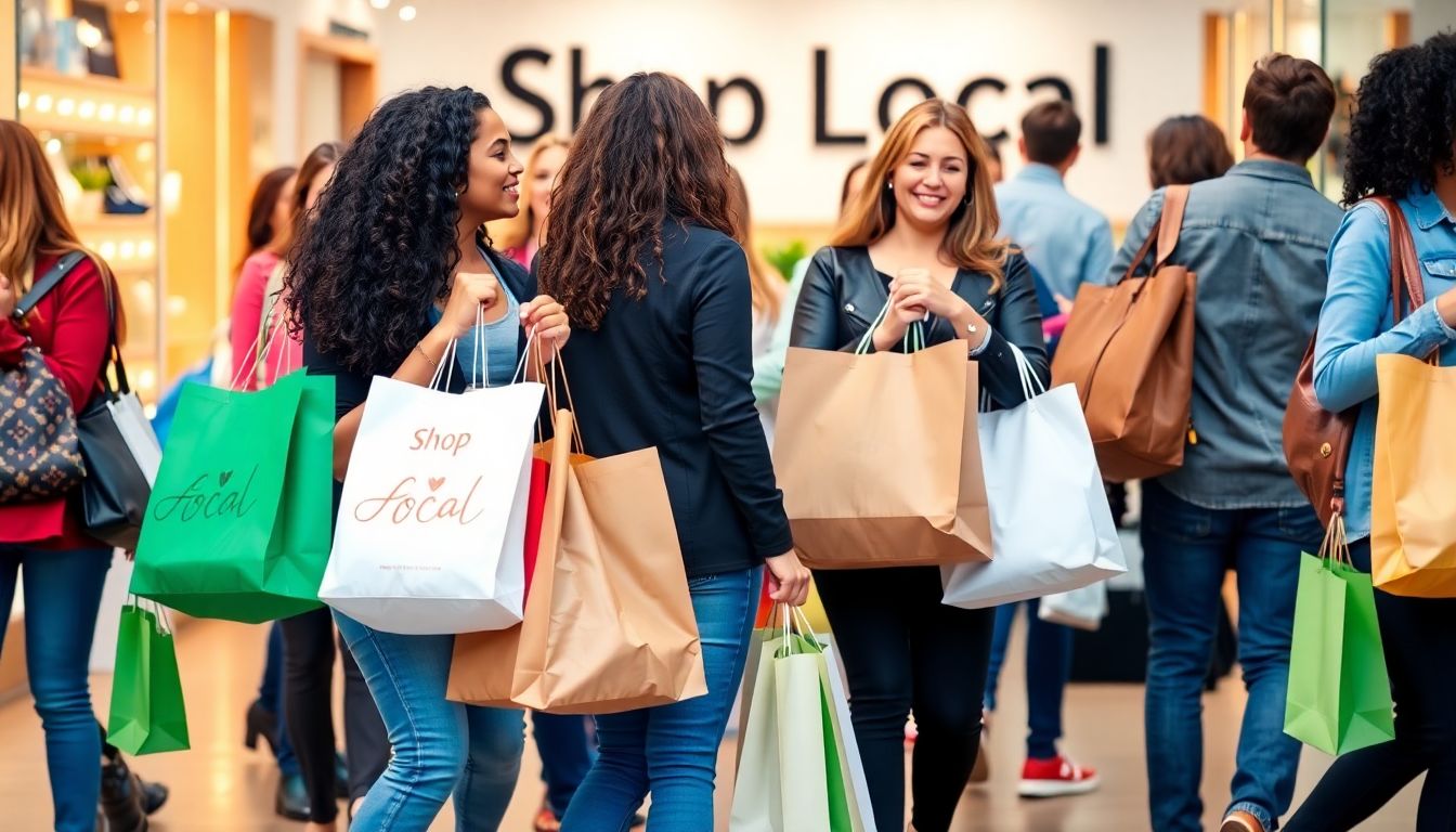 A diverse group of shoppers carrying bags from various stores, with a 'Shop Local' sign in the background.