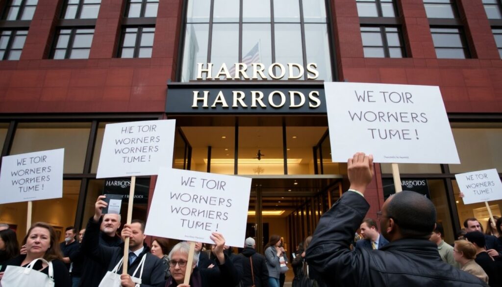 A striking image of Harrods' iconic facade with protest signs held by workers in the foreground, and a queue of worried shoppers in the background.