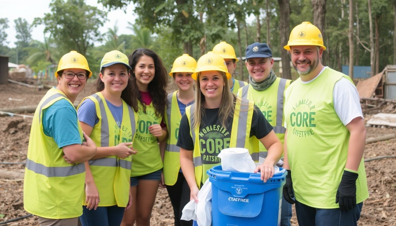 A group photo of CORE volunteers and staff, including Kirsty Greeno, working together in one of the affected areas.