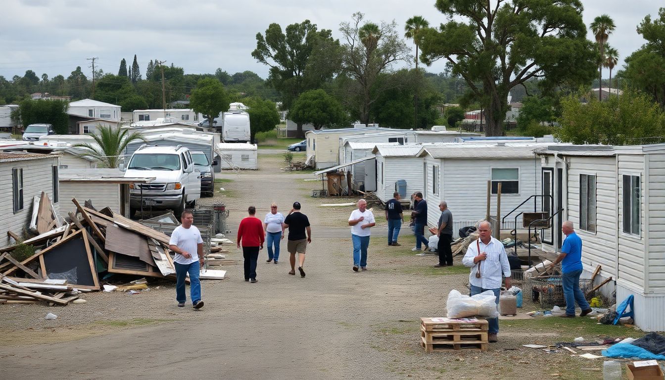 A wide shot of the Alan Campos mobile home park showing the extent of the damage, with residents surveying the wreckage and volunteers unloading supplies.