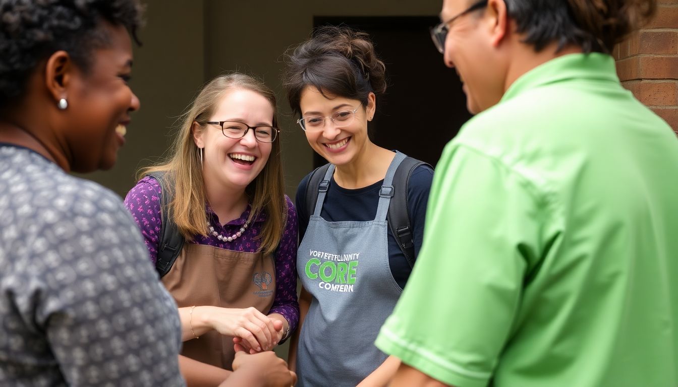 A close-up of Kirsty Greeno and other CORE volunteers working alongside residents, laughing and joking together.