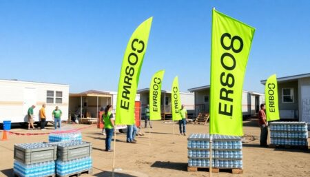 A photo of the neon green CORE flags marking the worksite in the Alan Campos mobile home park, with volunteers and residents working together to rebuild, surrounded by half-constructed mobile homes and pallets of water with Spanish phrases.