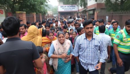 A tense and crowded scene outside a Delhi school, with parents frantically trying to reach their children, police and fire officials rushing in, and a sense of uncertainty and fear hanging in the air.