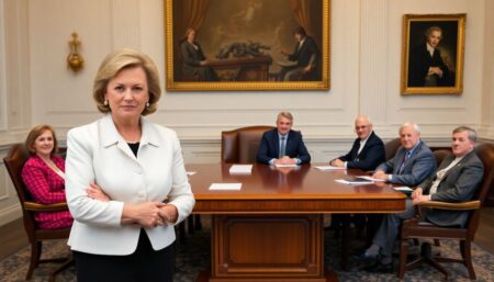 A stern-faced Peggy Noonan standing beside a well-organized, robust cabinet table, with experienced, confident figures seated around it, symbolizing strength and control.