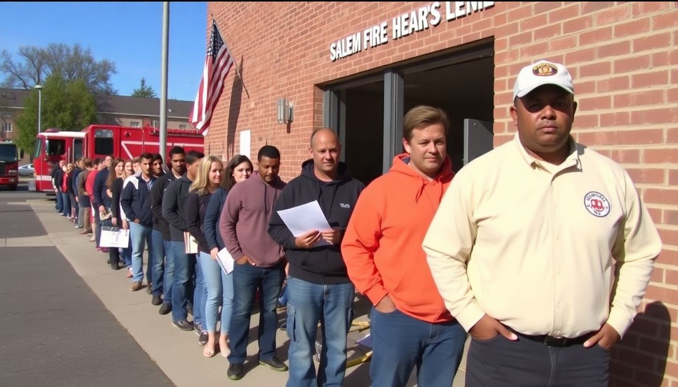 A line of eager applicants waiting to submit their applications outside the Salem Fire Department headquarters.