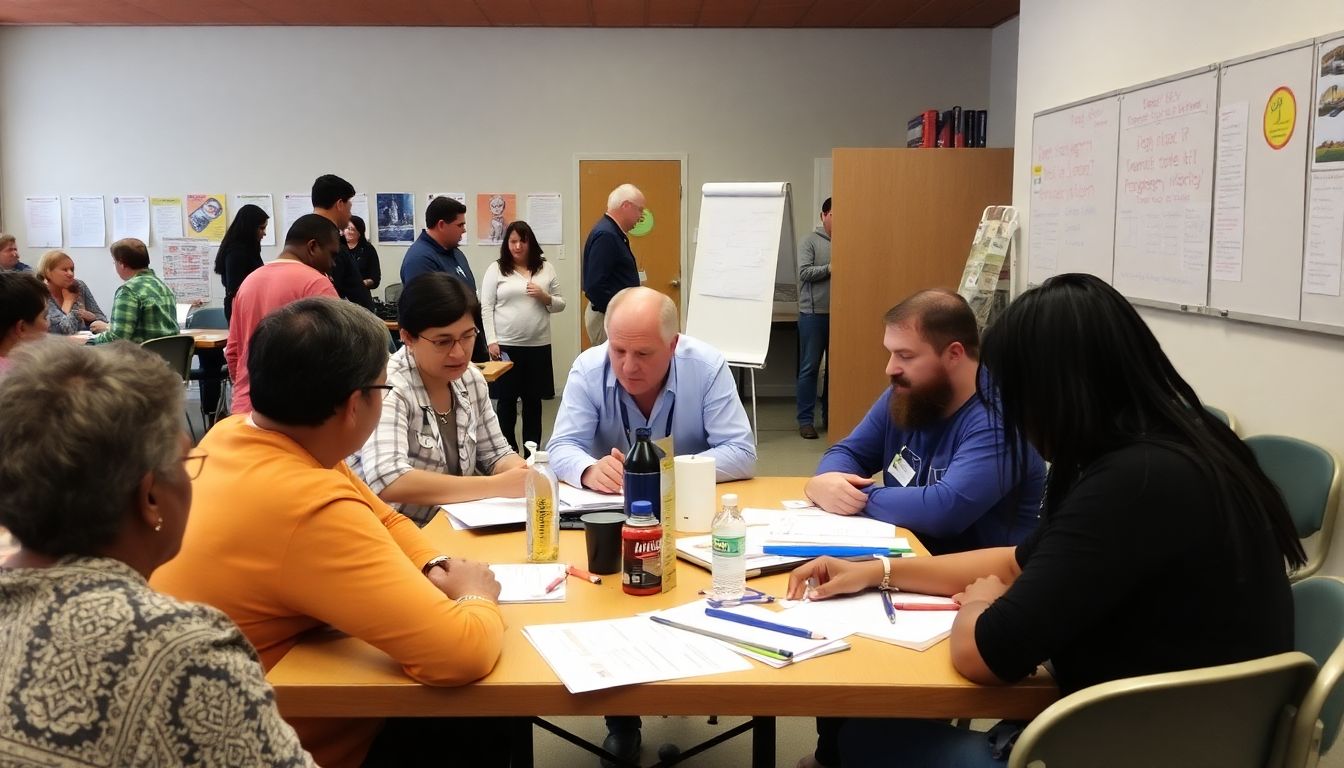 A community meeting or event focused on emergency preparedness, with residents engaged in learning and planning activities.