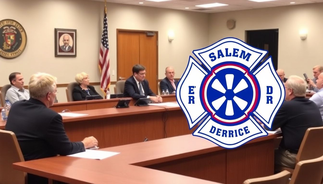 A city council meeting in progress, with council members discussing the ambulance services transition, and the Salem Fire Department logo prominently displayed.