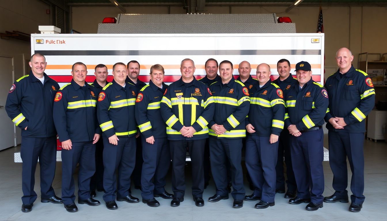 A group of former Falck employees in their new Salem Fire Department uniforms, posing for a team photo with their new colleagues.