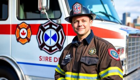 A confident and professional firefighter standing in front of an ambulance, with the Salem Fire Department logo visible, and the city skyline in the background.