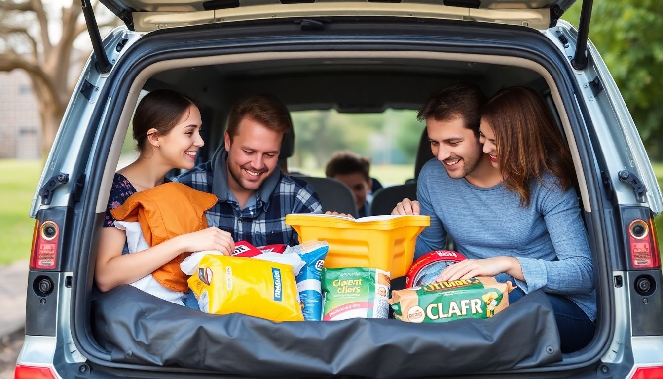 A family preparing an emergency kit, with essential supplies highlighted