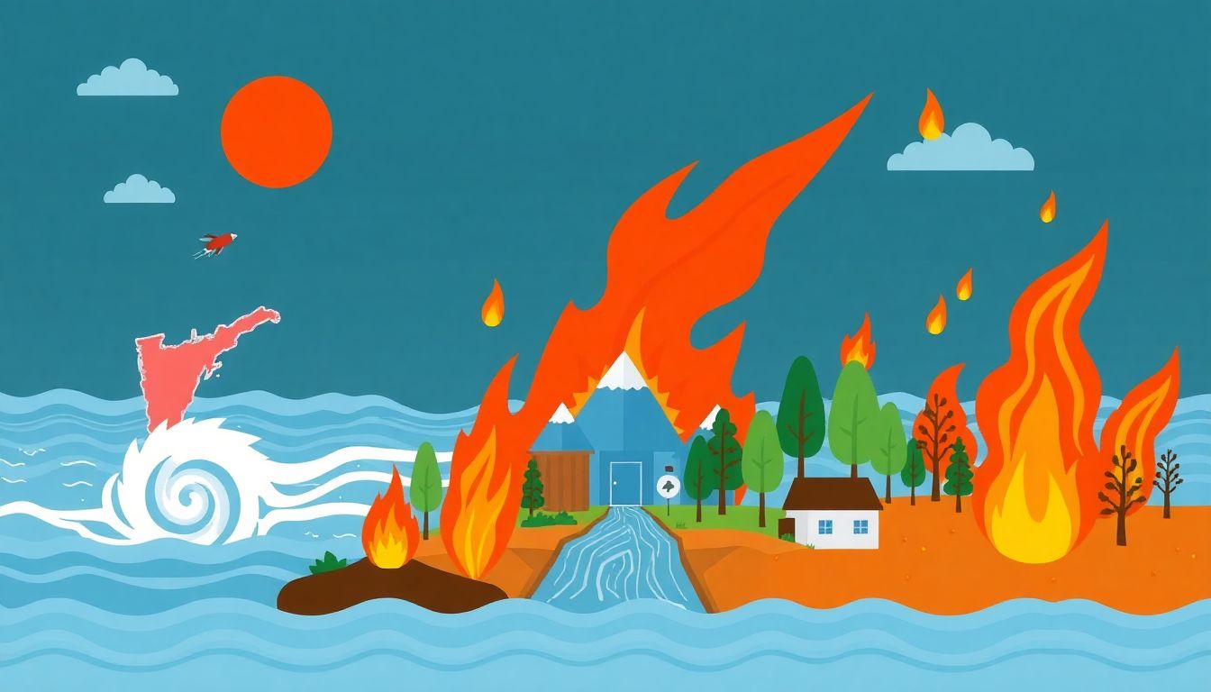 An illustration of climate change-related disasters, such as hurricanes, wildfires, and floods