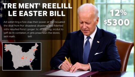 A graphic of President Biden signing a disaster relief bill, with maps of the affected areas and the total funding amount highlighted