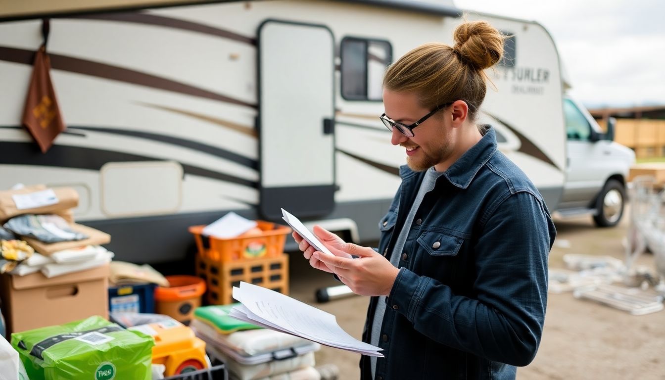 A person organizing supplies and checking a list, with an RV in the background.