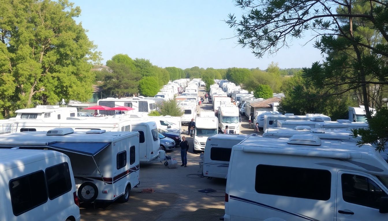 A photo of the RV camp, with a focus on the crowded conditions and the surrounding environment.